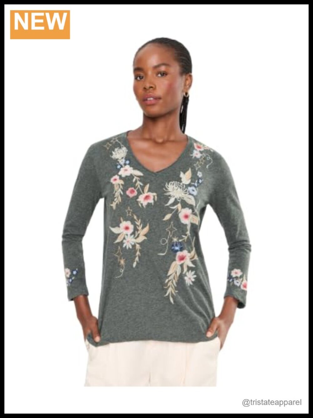 Karyn Seo Greta Top 100% Cotton Relaxed Fit 3/4 Sleeve V-Neck Blouse